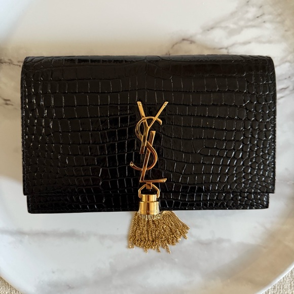 Saint Laurent Handbags - Saint Laurent Small Kate Tassel Crossbody Bag Black Croc Embossed Leather YSL